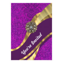 Purple floral damask  gold swirl announcement
