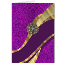 Purple floral damask  gold swirl card