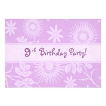Purple Flower 9th Birthday Party Invitation Cards