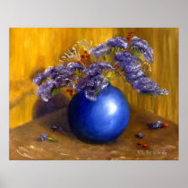 Purple flowers in Blue Vase and Gold Background