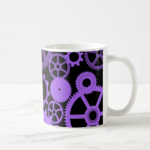 Purple gears on black mug