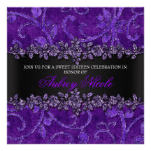 Purple Glitter Velvet Floral Sweet Sixteen Invite
