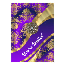 Purple & gold damask invitation