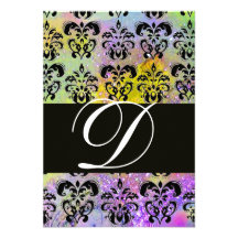 PURPLE GREEN YELLOW BLACK  DAMASK MONOGRAM RSVP CUSTOM INVITATIONS