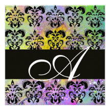 PURPLE GREEN YELLOW BLACK  DAMASK MONOGRAM , white Custom Announcements