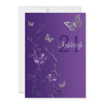 Purple, Grey Flowers & Butterflies 21st Invitation