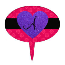Purple heart monogram pink flowers cake pick