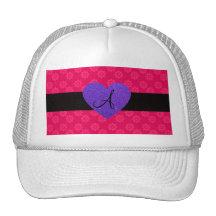 Purple heart monogram pink flowers hats