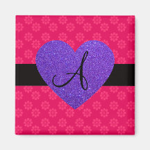 Purple heart monogram pink flowers refrigerator magnets
