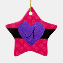 Purple heart monogram pink flowers ornament