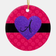 Purple heart monogram pink flowers christmas tree ornament