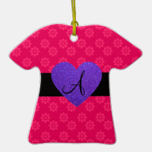 Purple heart monogram pink flowers christmas tree ornament