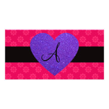 Purple heart monogram pink flowers photo card