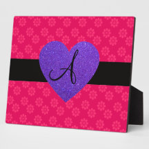 Purple heart monogram pink flowers plaques