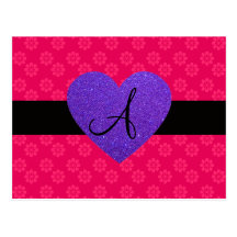 Purple heart monogram pink flowers post cards