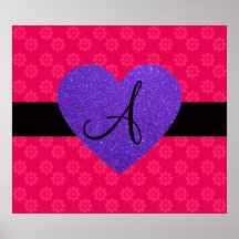 Purple heart monogram pink flowers poster