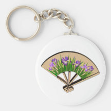 Purple Iris Flowers on Japanese Fan Design Keychains