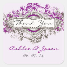 Purple Lilac Vintage Floral Wedding Thank You Square Stickers