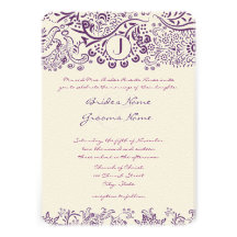 Purple Love Birds Damask Monogram Weddings Invitations
