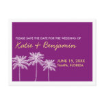 Purple palm tree summer wedding chic save the date postcards