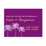 Purple palm tree summer wedding chic save the date post cards
