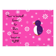 Purple penguin pink snowflakes pattern custom announcements