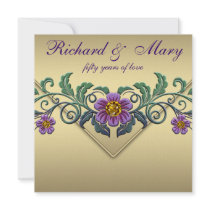 Purple Petunia Gold 50th Wedding Anniversary Personalized Announcements
