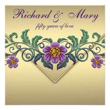 Purple Petunia Gold 50th Wedding Anniversary Personalized Announcements
