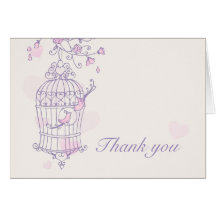 Purple & pink love birds wedding thank you card