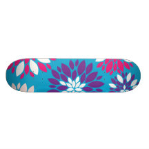 Purple Pink White Flower Art on Teal Blue Skate Boards