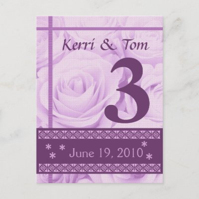 PURPLE Roses Wedding Table Number Card Reception Post Card by JaclinArt