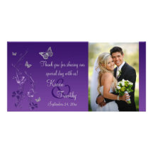 Purple, Silver Butterfly Floral Wedding Photo Card