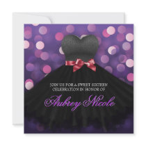 Purple Sweet Sixteen Black Dress Birthday Invite