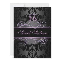Purple Swirl Damask Sweet16 Birthday Invite