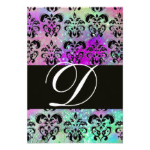 PURPLE TEAL AQUA BLUE  BLACK  DAMASK MONOGRAM RSVP INVITATIONS