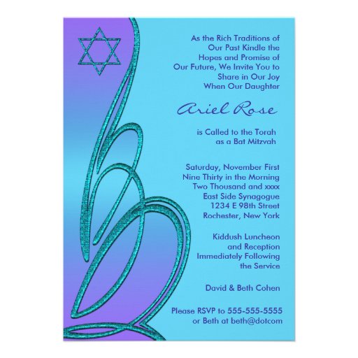 Purple Teal Star of David Bat Mitzvah Personalized Invite