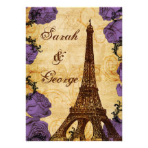 purple vintage eiffel tower Paris wedding invite