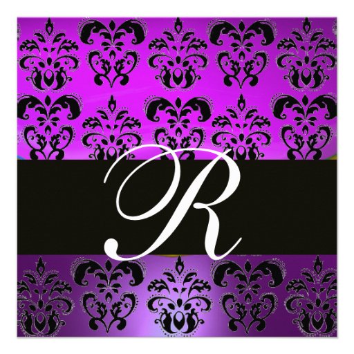 PURPLE VIOLET BLACK DAMASK MONOGRAM,,white Custom Invites