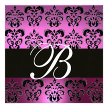 PURPLE VIOLET BLACK DAMASK MONOGRAM ,white, Personalised Invitations