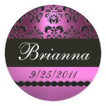 PURPLE VIOLET BLACK DAMASK ROUND STICKER