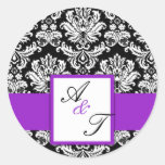 Purple Wedding Monogram Damask Seal Stickers