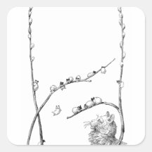 Pussy Willow Kittens and Mother Cat Square Stickers