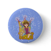 Queen Fairy Brunette Sitting on Throne Cartoon Art Button