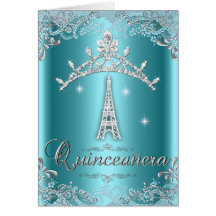 Quinceanera 15 Teal Blue Silver Tiara Eiffel Tower Cards