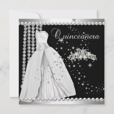 Quinceanera 15 Tiara Gown Black Silver White Personalized Invitation by