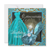 quinceanera 15th Birthday Party Teal Dress Gown Custom Invitations