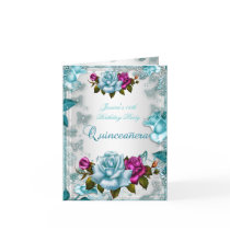 Quinceanera 15th Invite Teal Blue White Pink Rose Greeting Cards