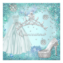 Quinceanera 15th Party Soft Teal Tiara Dress Shoe Custom Invitation