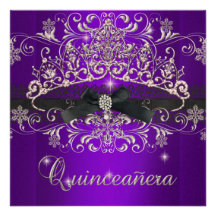 Quinceanera 15th Purple Glitter Tiara Black Bow Invite