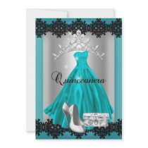 Quinceanera 15th Teal Black Silver Diamond Tiara Custom Announcement